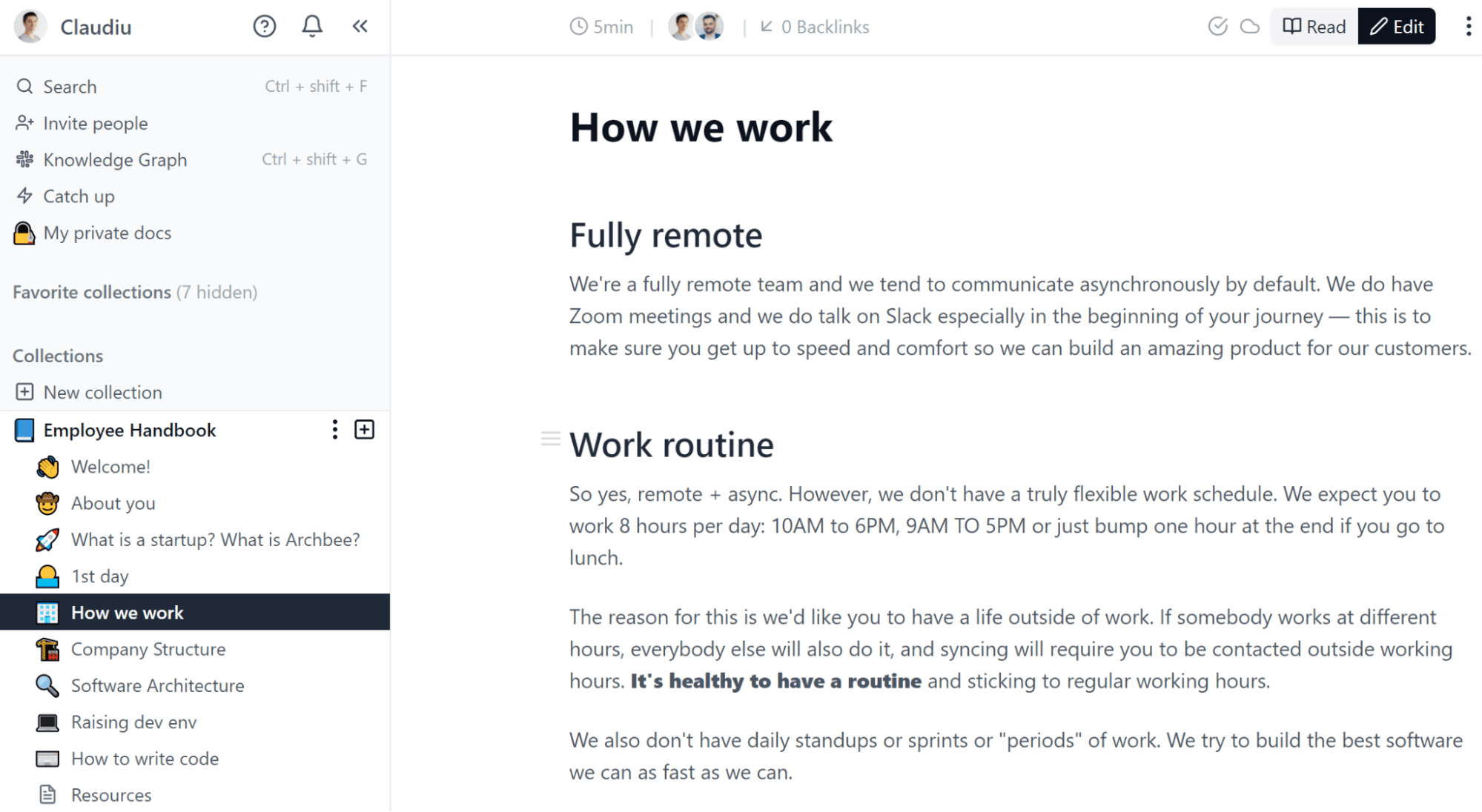 ''How we work'' section from Archbee Employee Handbook