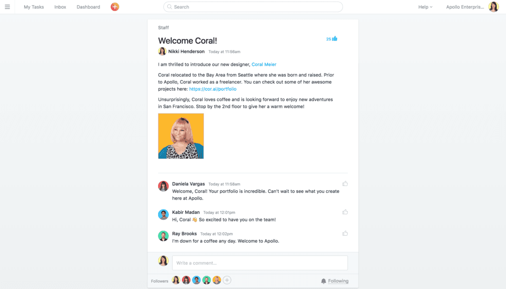 Example of a “welcome aboard” message on a company’s internal feed by Asana