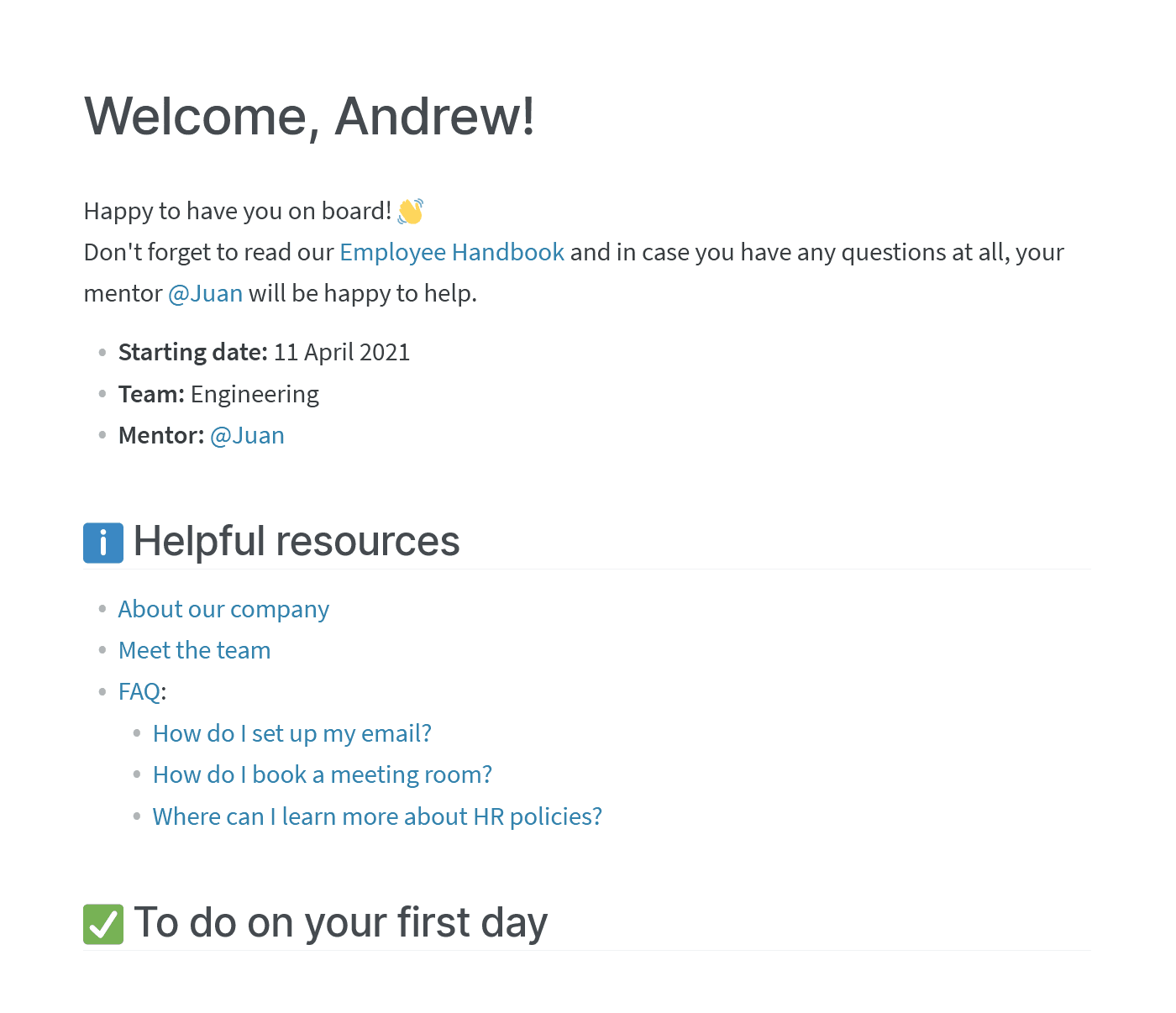 Welcome-to-the-team email by Nuclino