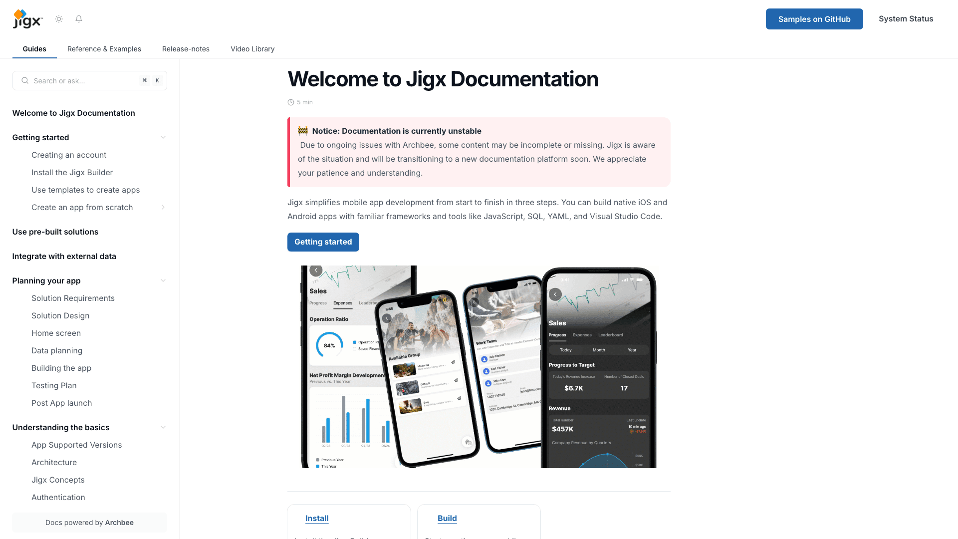 Jigx documentation portal desktop view
