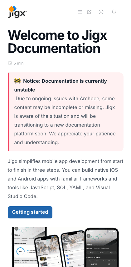 Jigx documentation portal mobile view