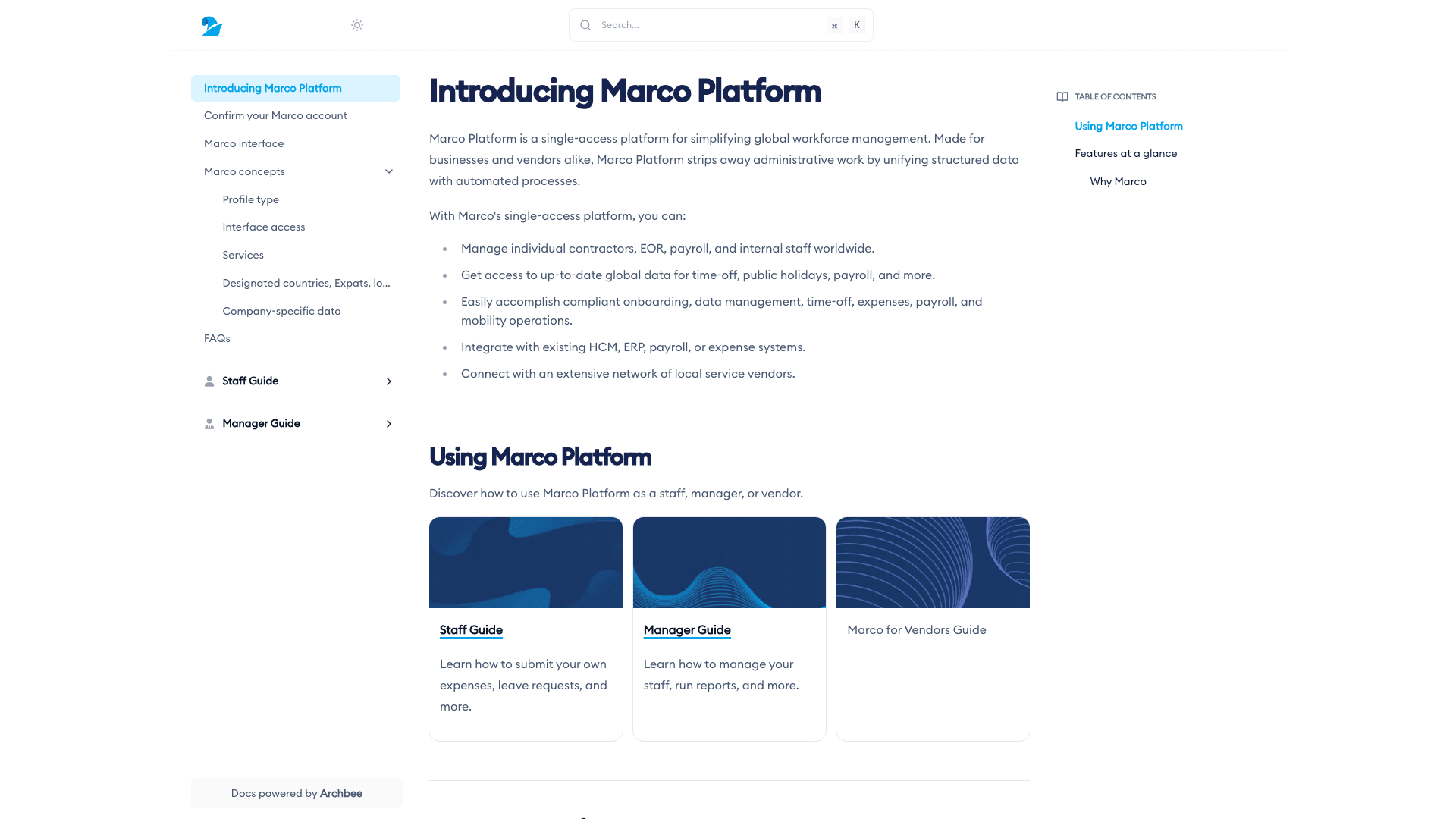Marco documentation portal desktop view