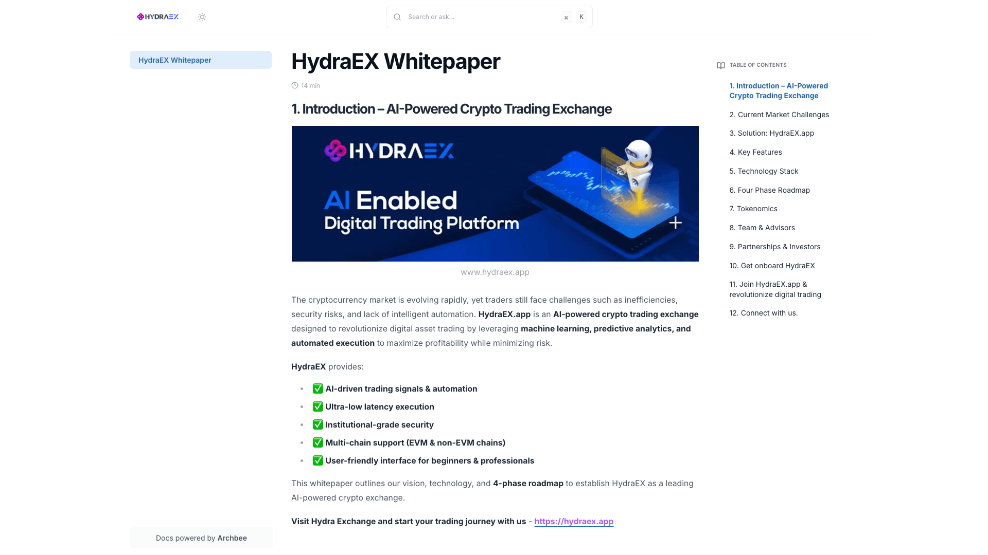 HydraEX documentation portal desktop view