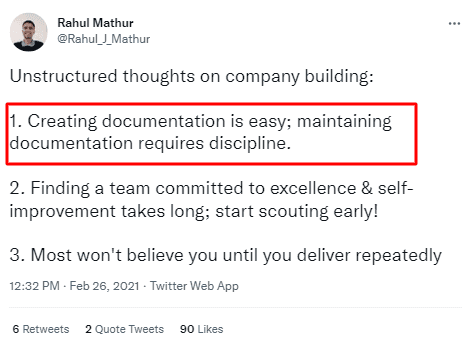 Twitter post about creating documentation