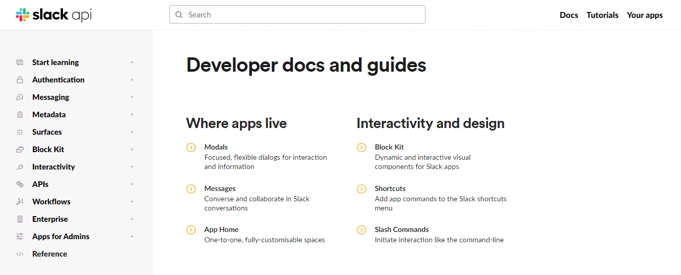 Slack’s developer documentation website