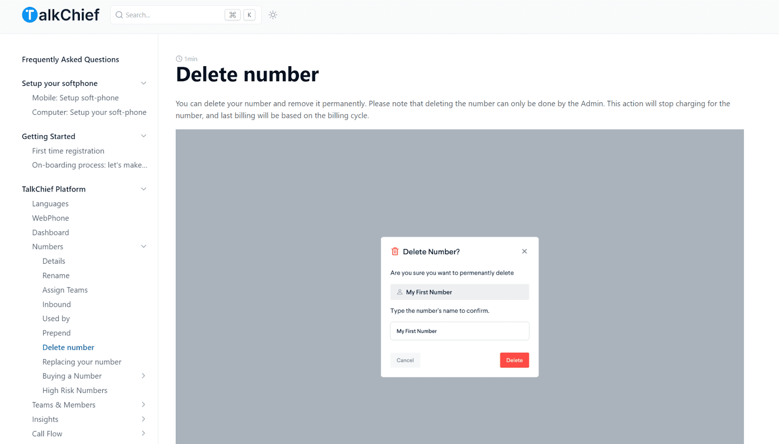TalkChief about now to delete number