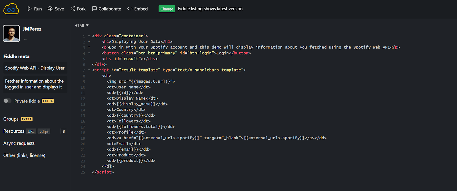 Spotify Web API - Display User Data - JSFiddle - Code Playground