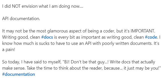 Post on LinkedIn discussing the importance of API documentation