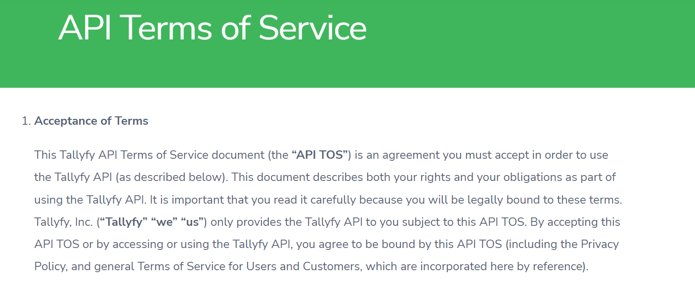 API Terms of Service t Tallyfy