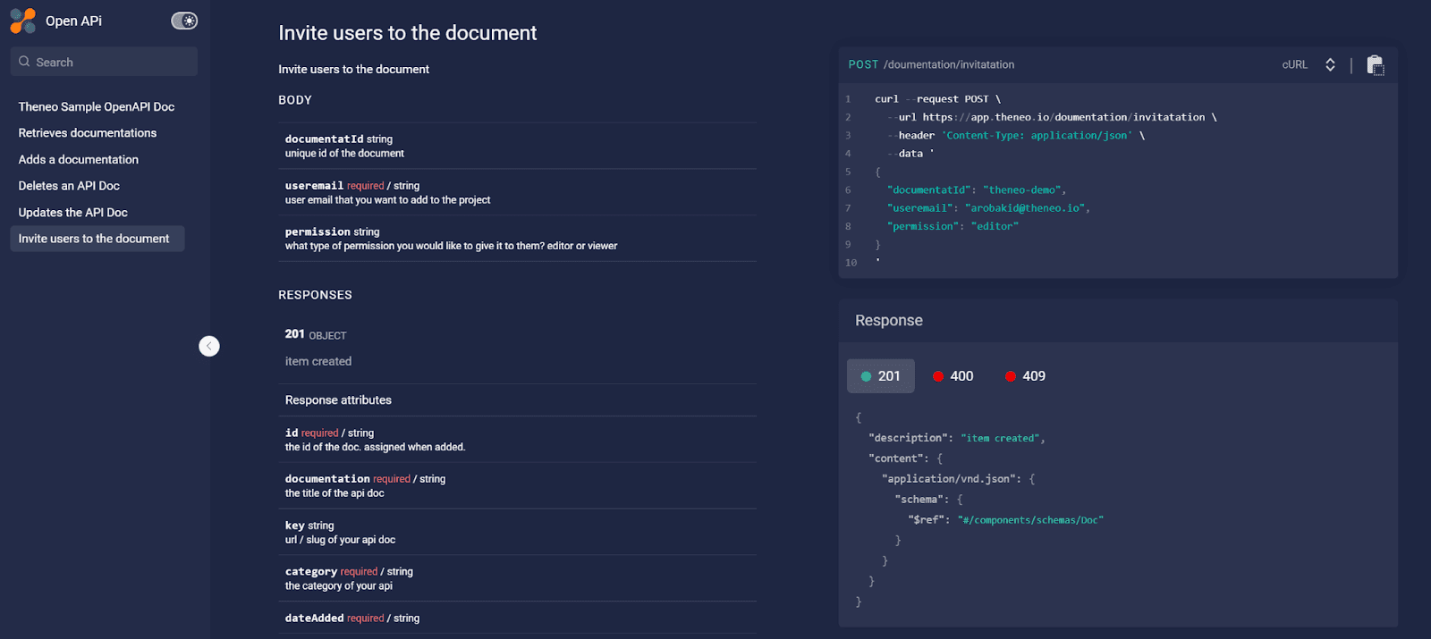 Table of contents displayed on the left and code samples and responses on the right