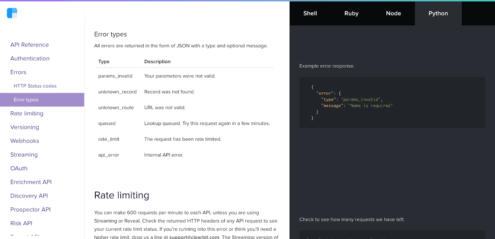 Clearbit error codes