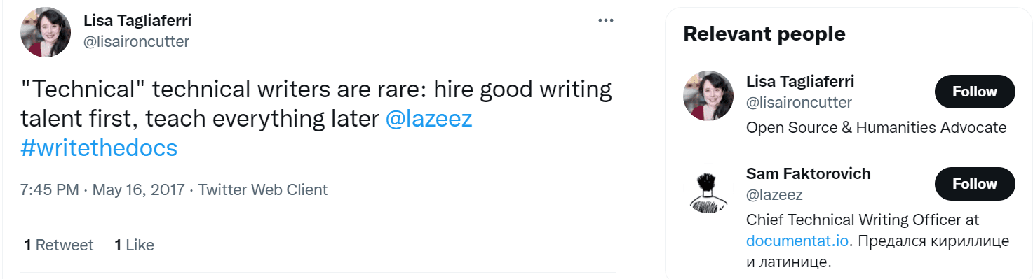 Tweet about technical writing