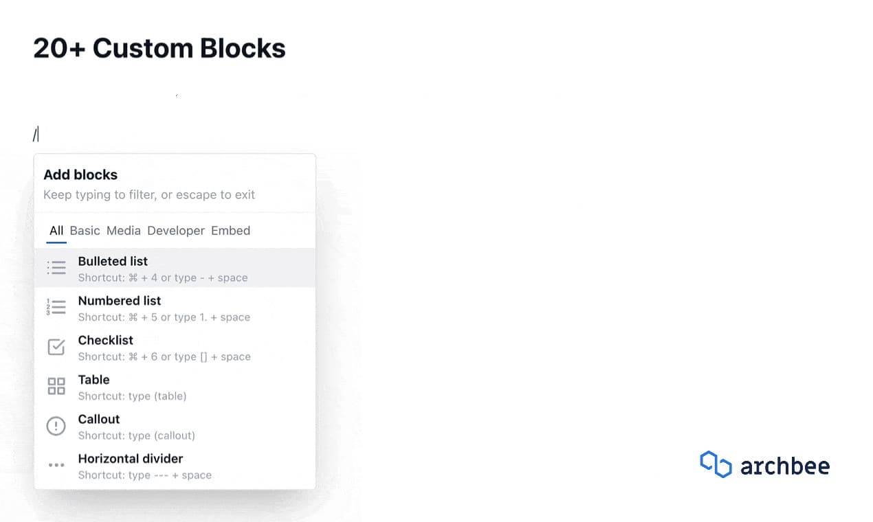 20+ Custom Blocks in Archbee