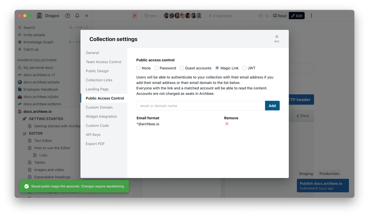 Archbee.com Collection settings