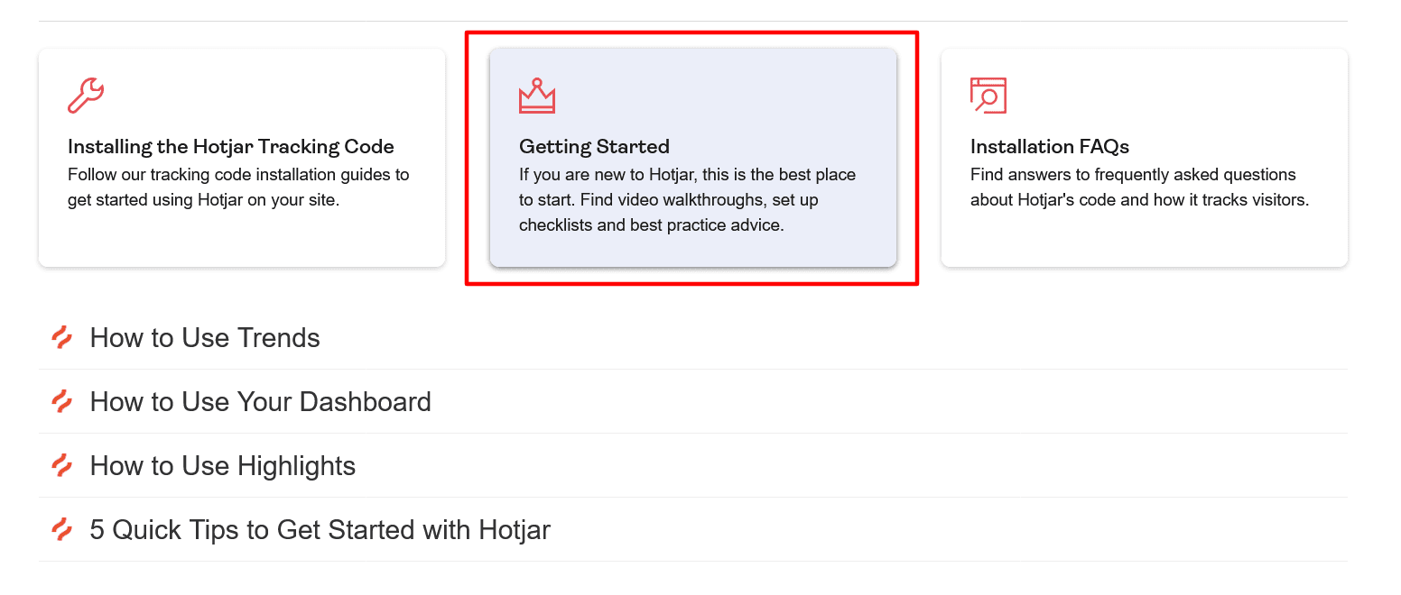 Getting Started section in Hotjar