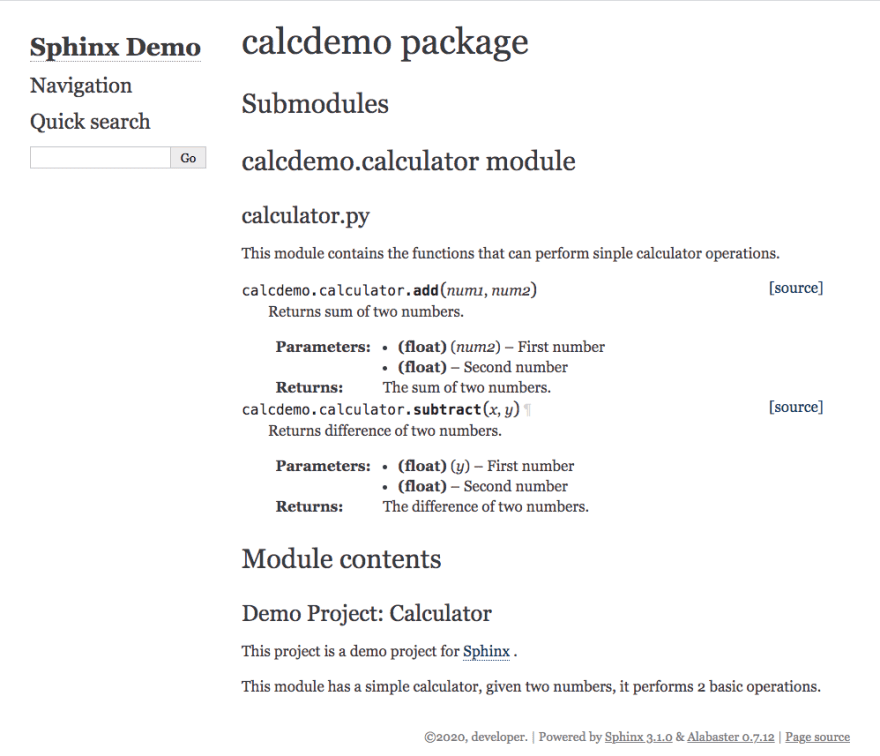 Sample Sphinx documentation in HTML
