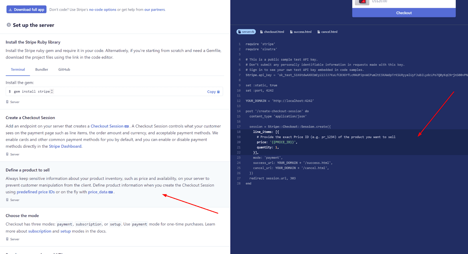 The following document (“Define a product to sell”) refers to lines 18-22 in the code