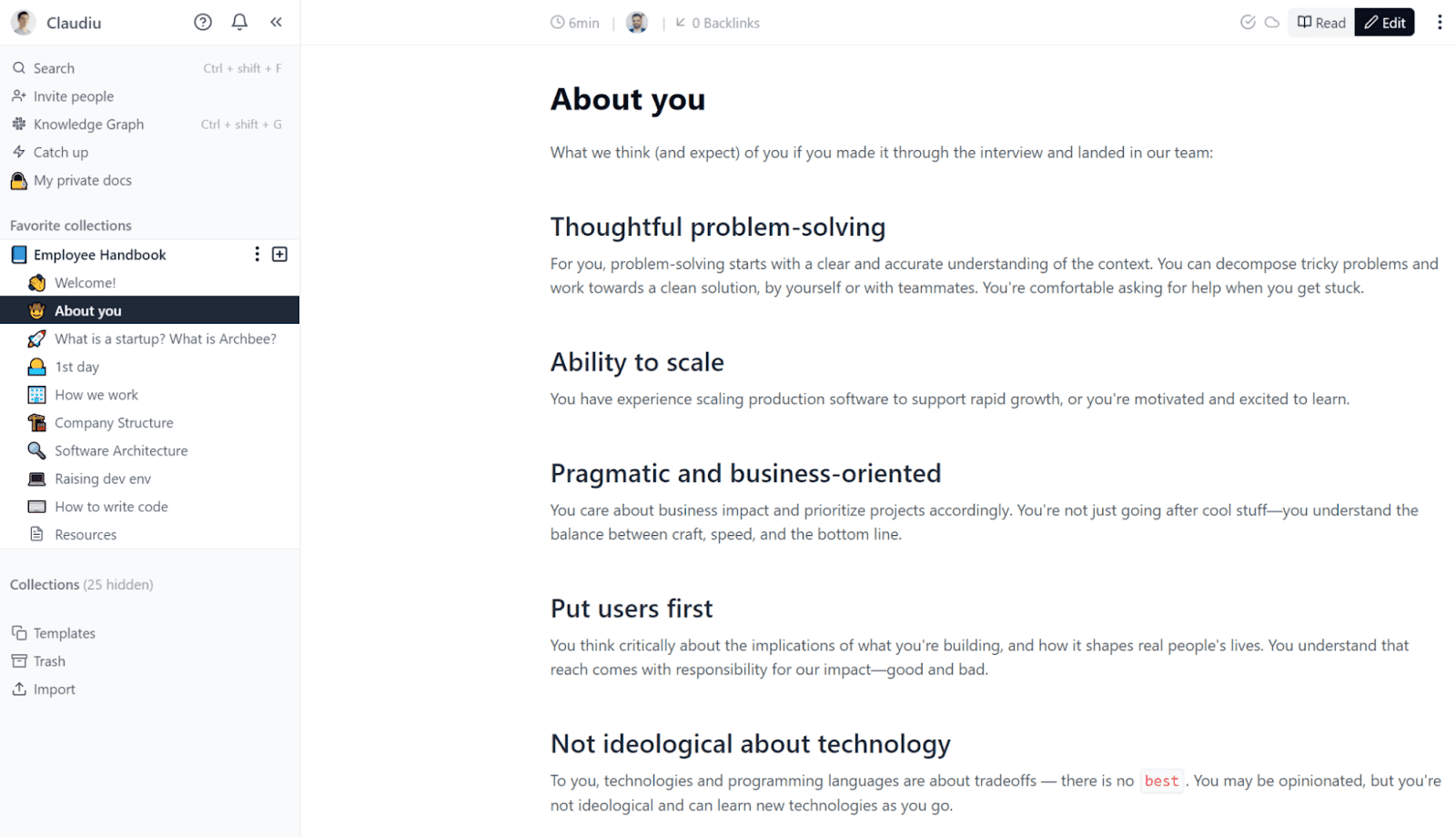 ''About you'' section in Archbee