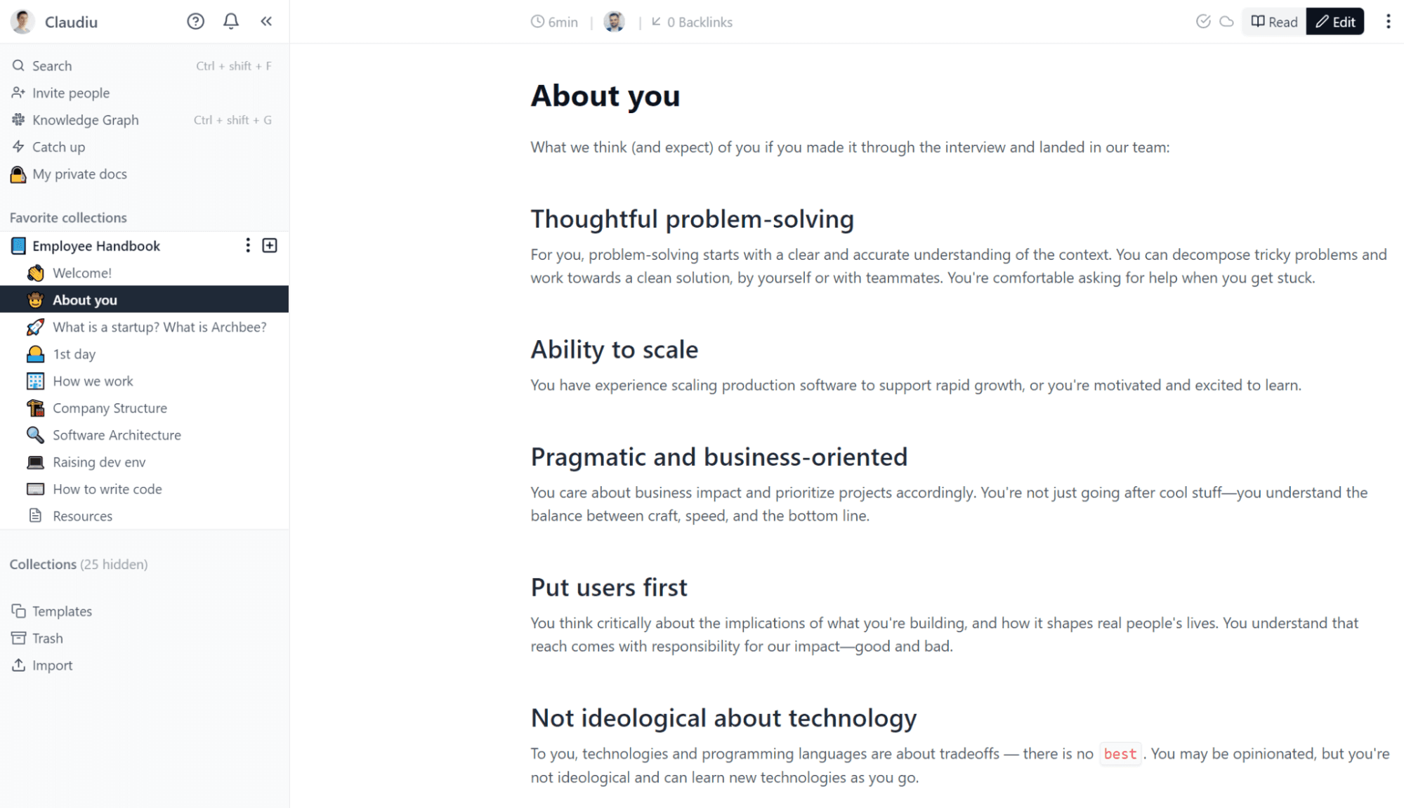 ''About you'' section in Archbee Employee Handbook