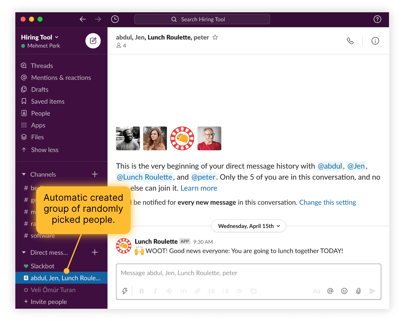 Slack has a lunch roulette add-on