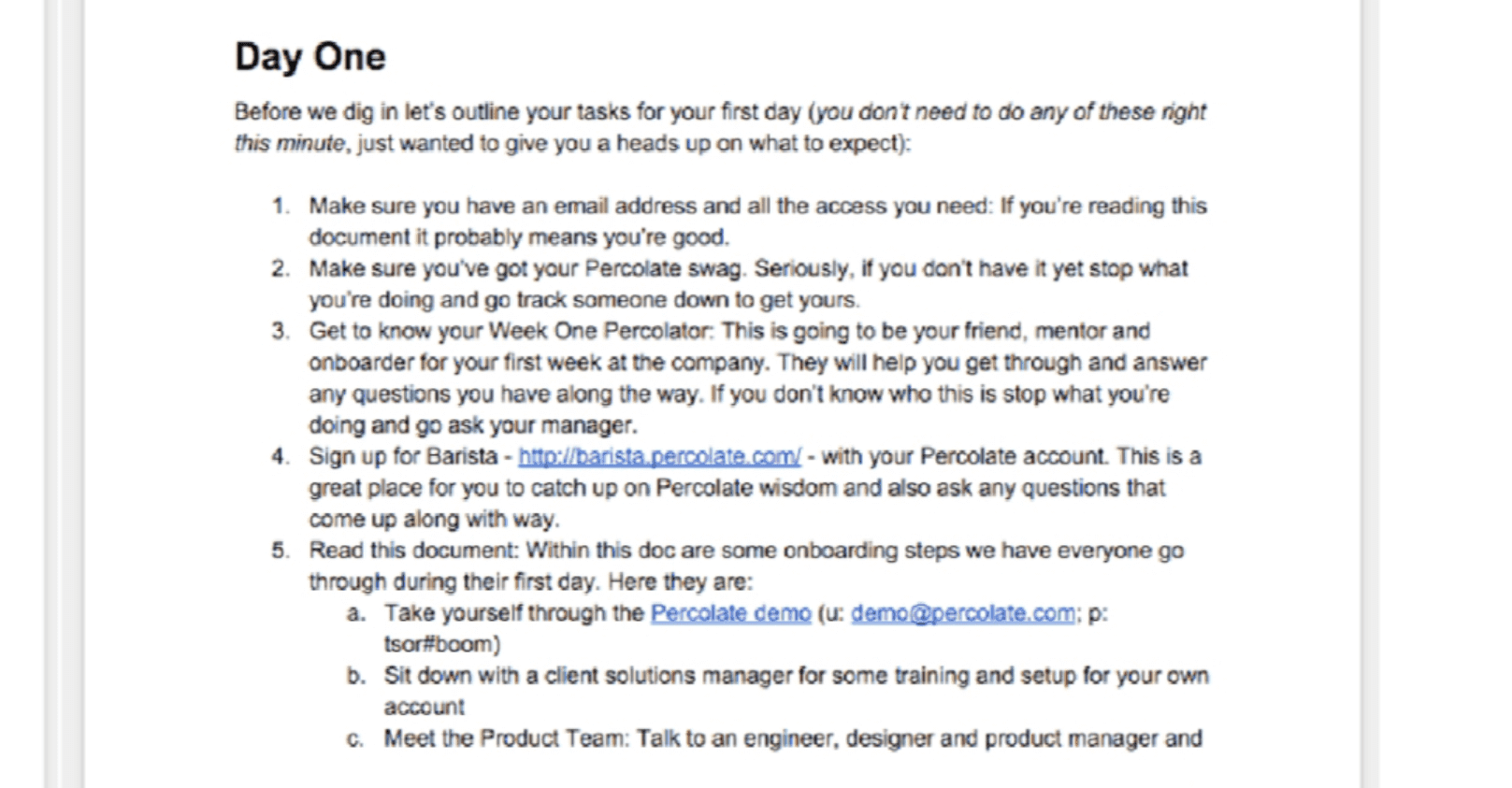 Day one schedule for new employees created by First Round Review