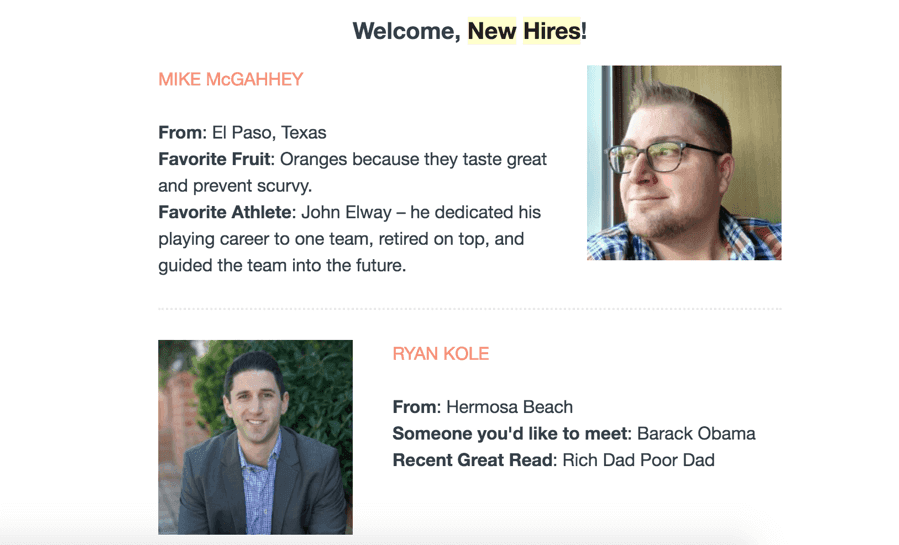 Welcome message for new hires on Snacknation