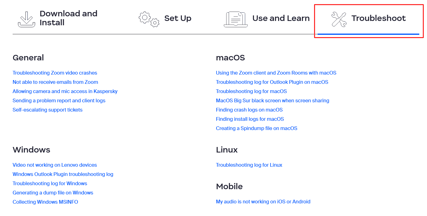 Zoom Troubleshooting section