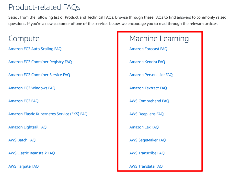 Amazon Web Services “Machine Learning” section