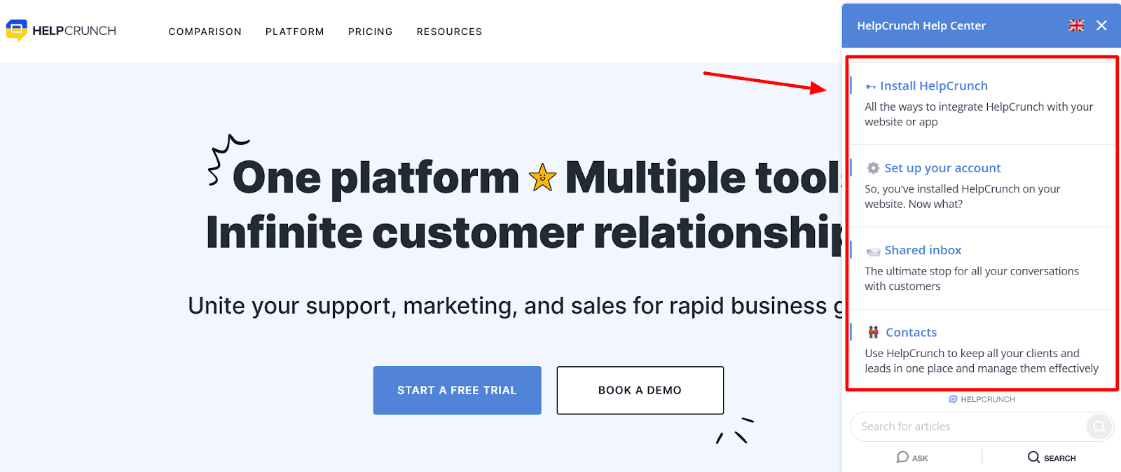 HelpCrunch has links on their live chat window