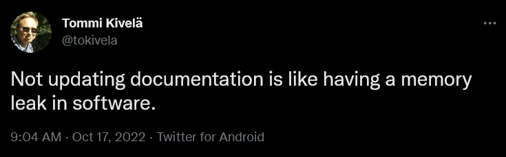 Twitter post about updating documentation