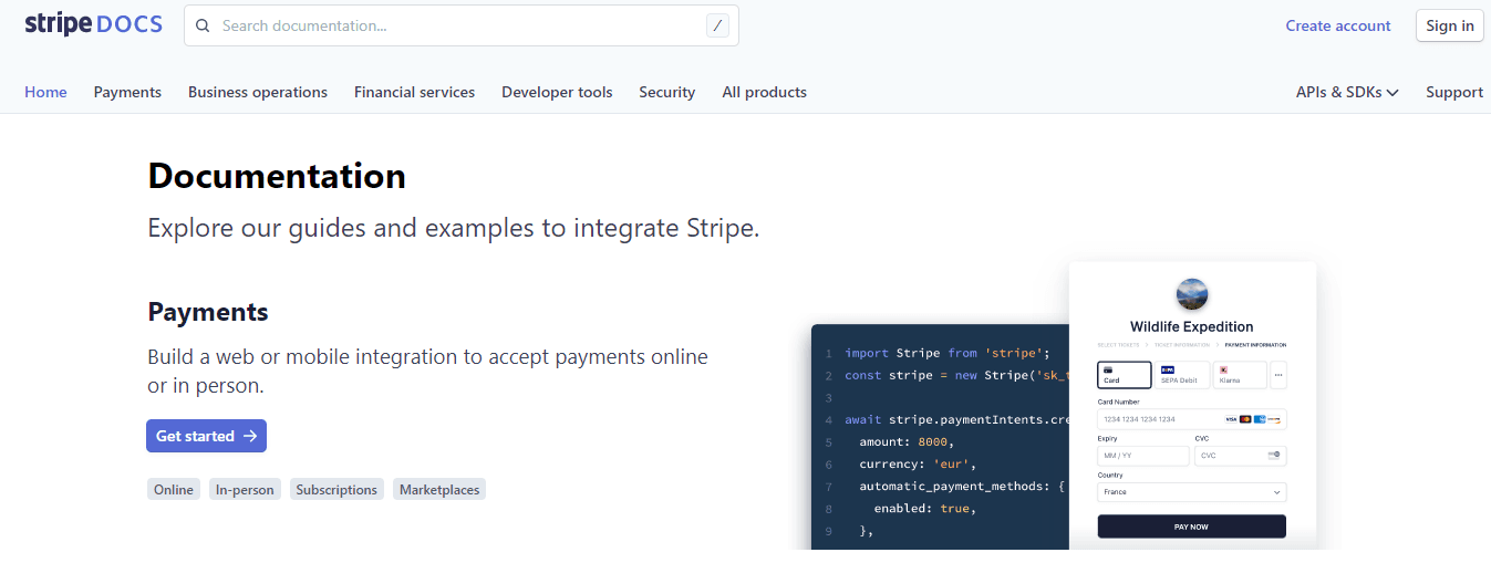 Stripe documentation centre