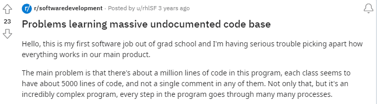 Reddit post about massive undocumented code base