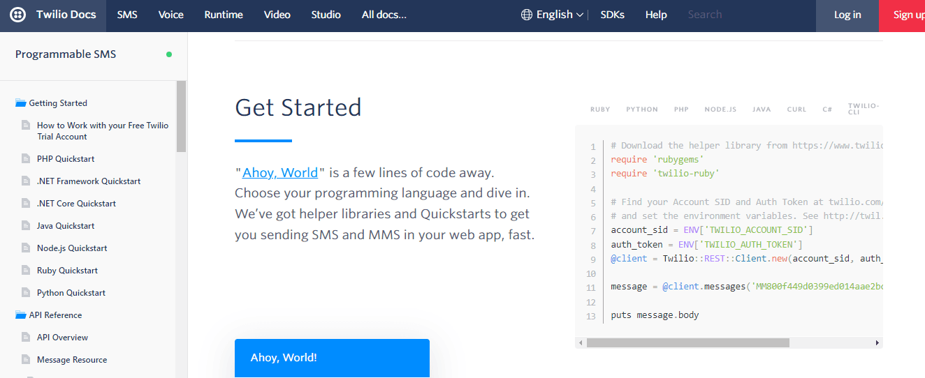 Twilio getting started section