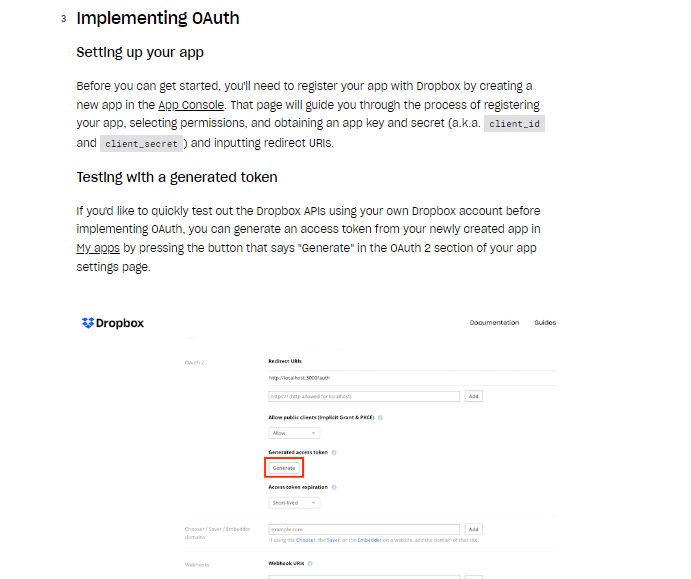 Set of instructions for implementing 0Auth from Dropbox