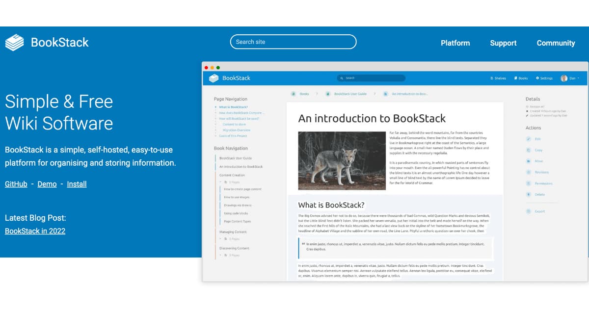 Bookstack screenshot as Gitbook alternative
