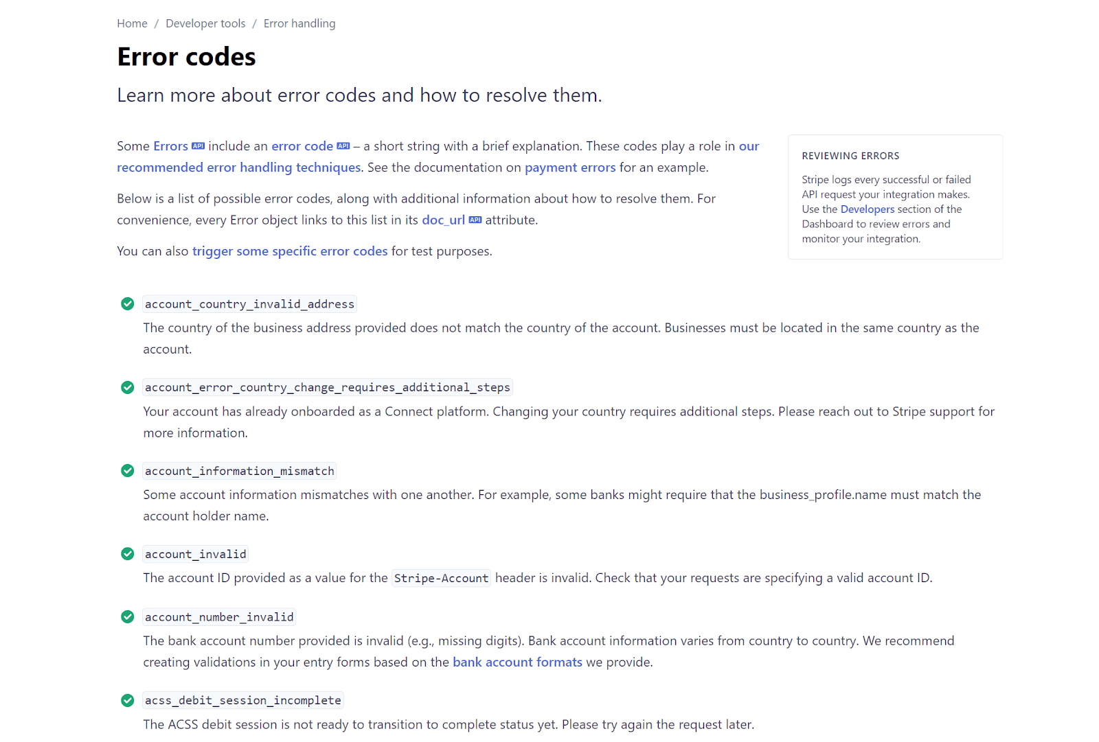 Section on error codes from Stripe