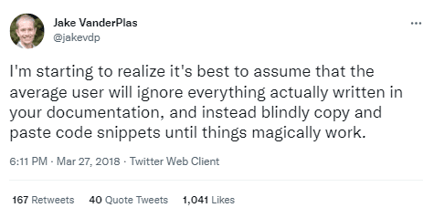 Tweet about good software documentation has examples