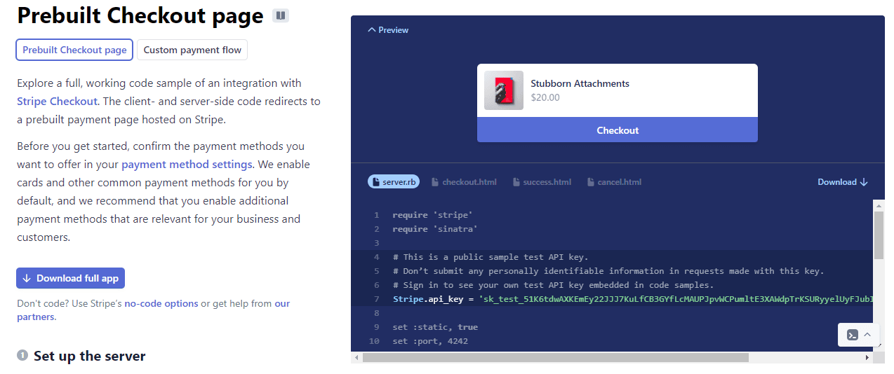 Stripe’s code sample for a checkout page