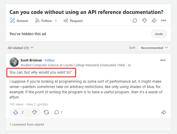 Can you code without using an API reference documentation?