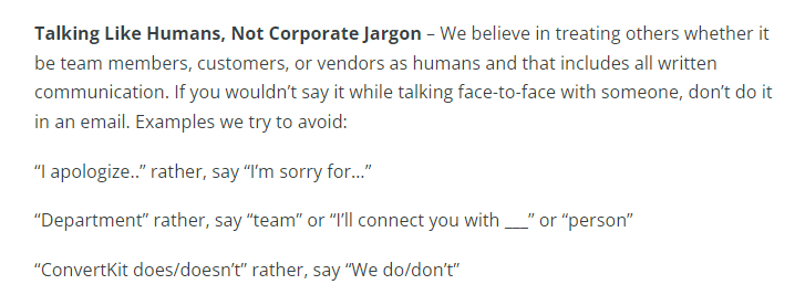 Team & Culture section from ConvertKit Handbook