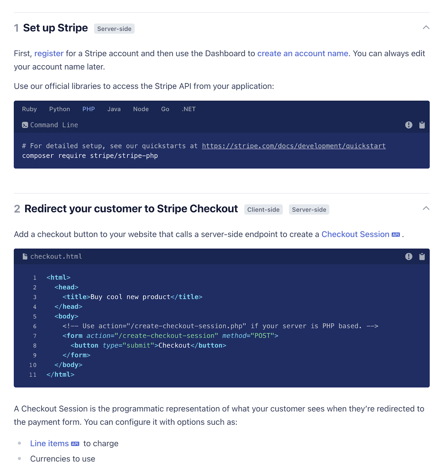 Example of a code-supplemented tutorial from Stripe