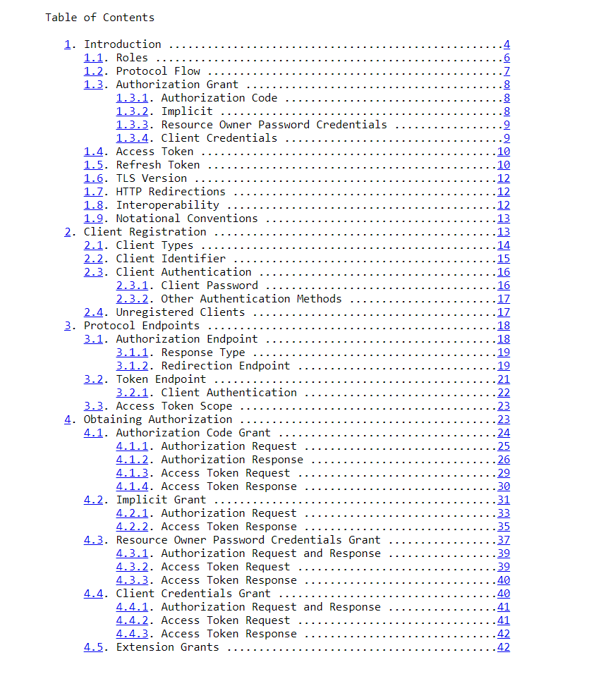 OAuth specifications - table of contents