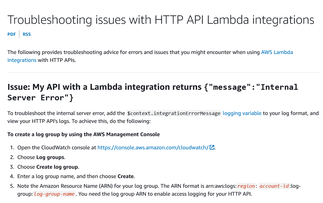 Amazon Web Services have a troubleshooting page for issues with HTTP APIs
