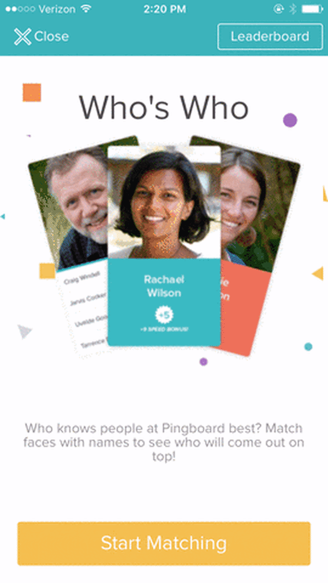 Pingboard offers a “Who’s Who” flashcard game as a feature of their product