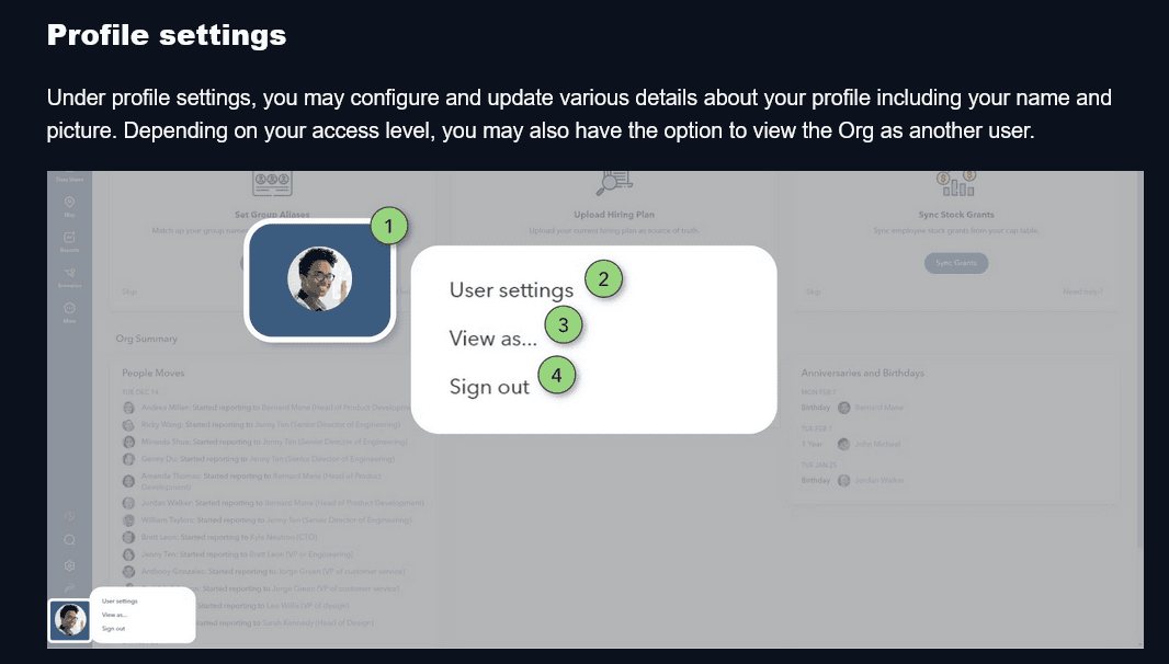 Changing profile settings in ChartHop