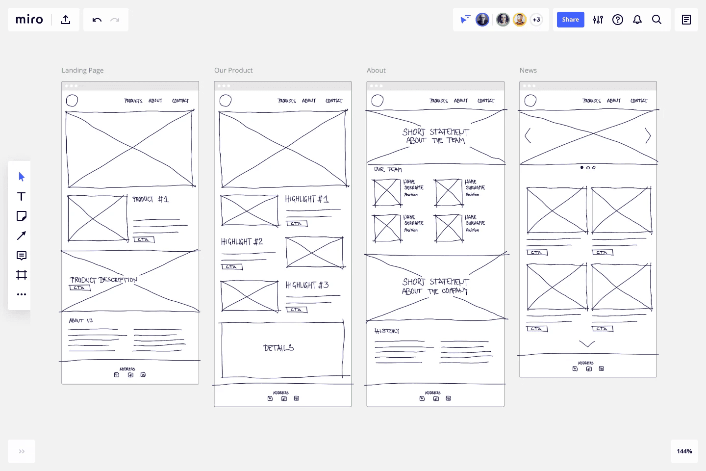 Miro basic wireframes for the product interface