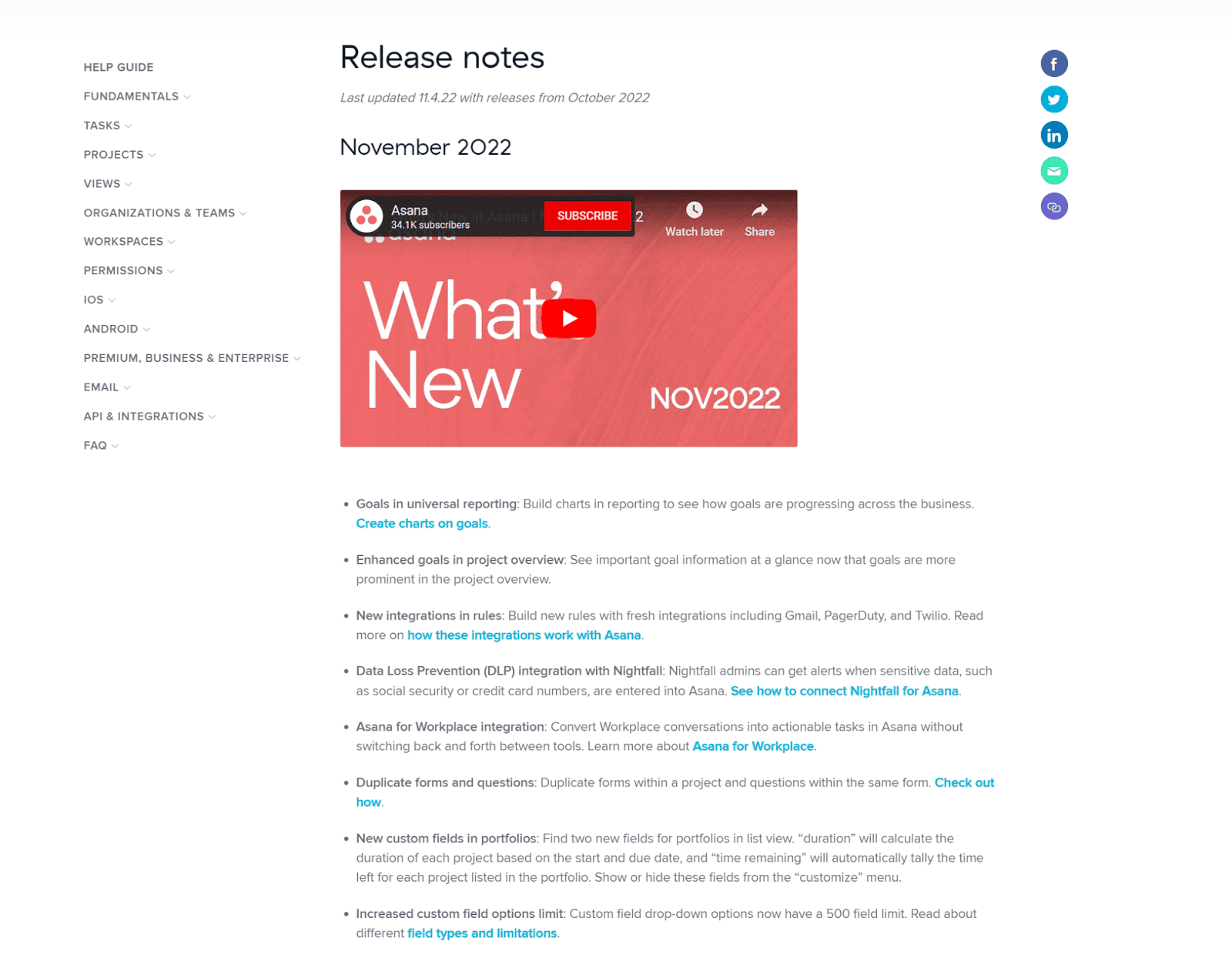 Asana’s release note page