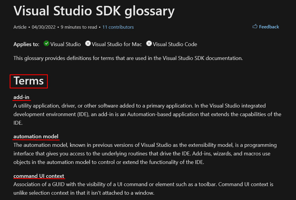 Microsoft glossary of terms for their Visual Studio SDK