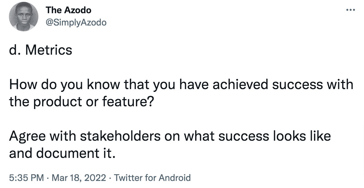 Tweet defines their success metric
