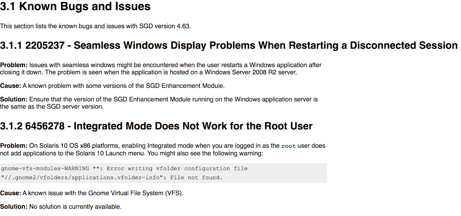 Example of a list of known bugs